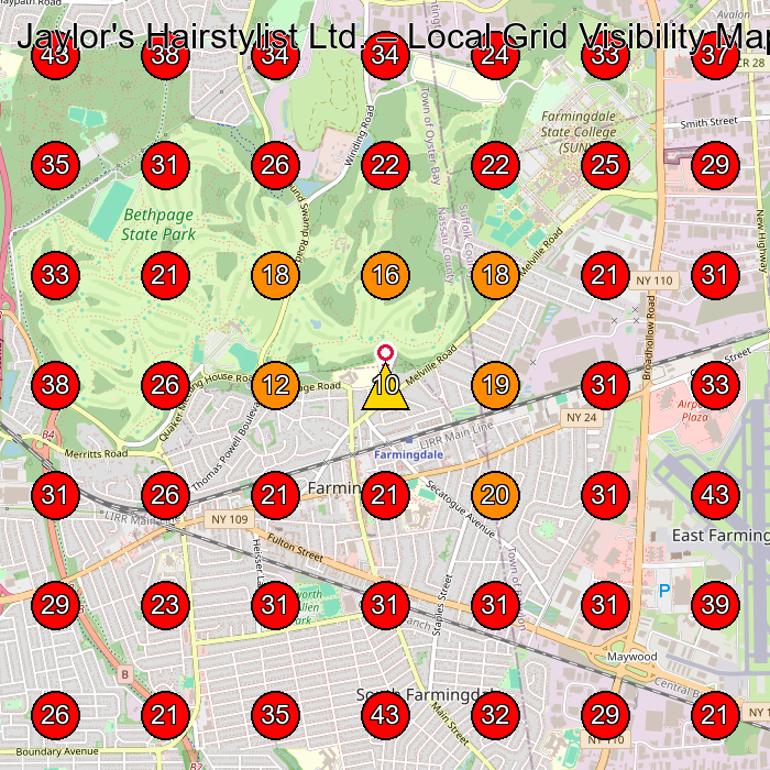 Jaylor's Hairstylist Ltd. GeoGrid visibility map for Hair Salon in Farmingdale